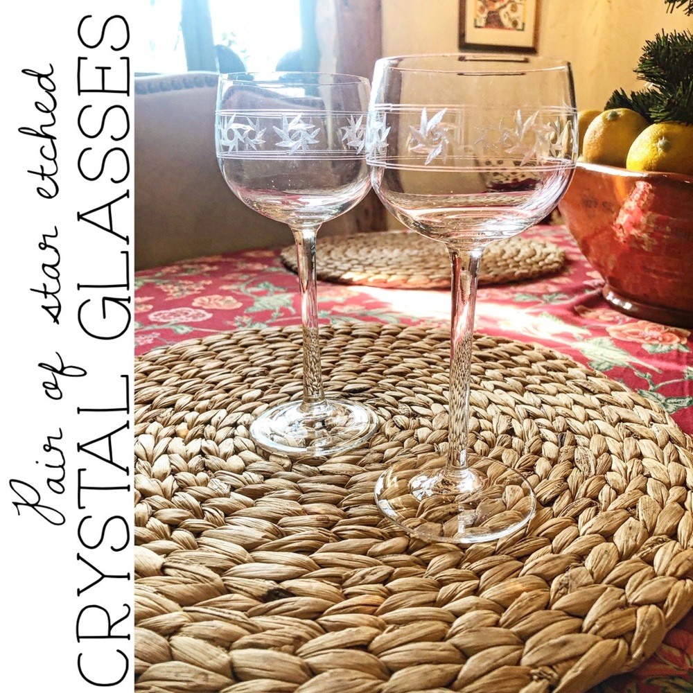 Pair of Spiral Star Etched Crystal Wine Glasses